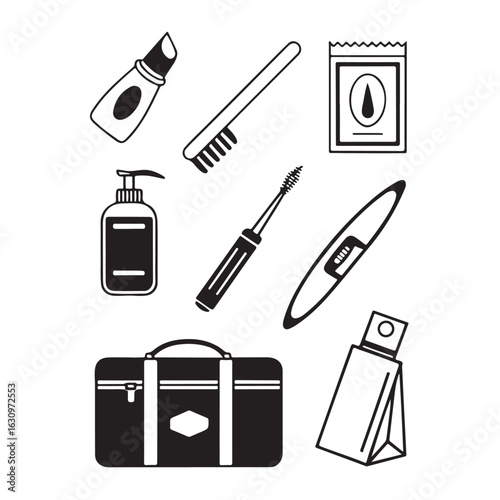 Collection of hand drawn black and white icons representing various personal care and toiletry items for travel or daily use