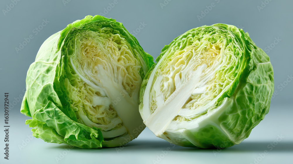 Fototapeta premium Green fresh cabbage cut in half showing texture and layers