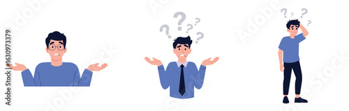 Man shrugging, expressing confusion and uncertainty. Businessman shrugging with question marks, representing uncertainty. Man scratching head with question marks set of vector illustration.