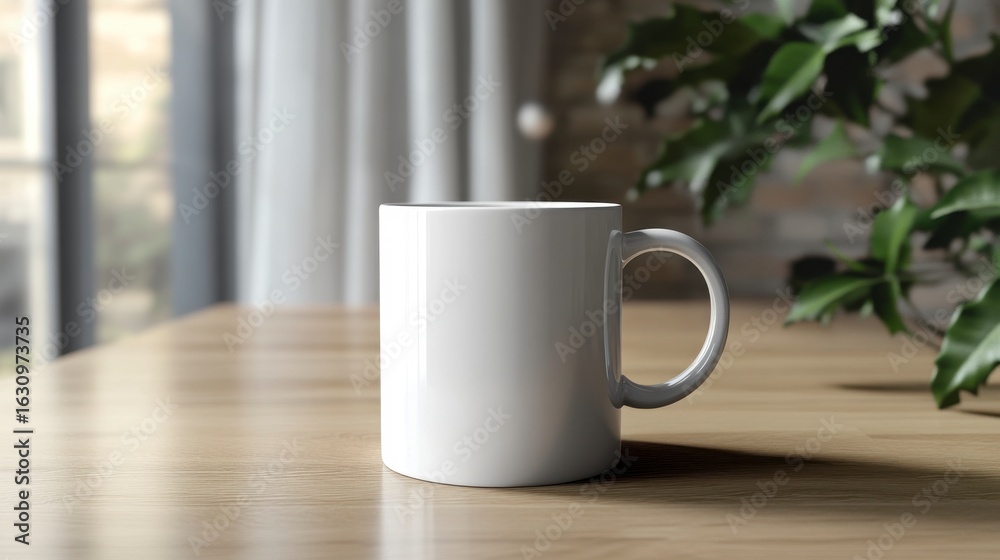 Fototapeta premium White Coffee Mug on Wooden Table with Natural Light Background