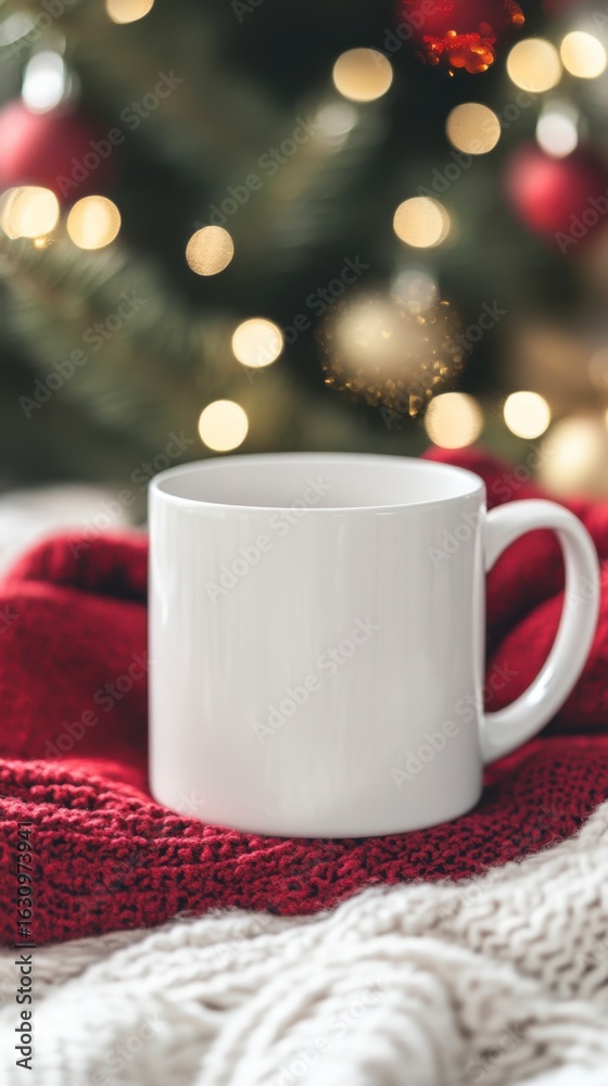 Fototapeta premium Cozy Winter Scene with Blank Mug on Festive Red and White Textiles