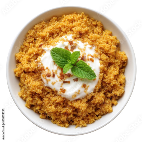 Delicious Semolina Dish with Yogurt and Mint Herb Garnish