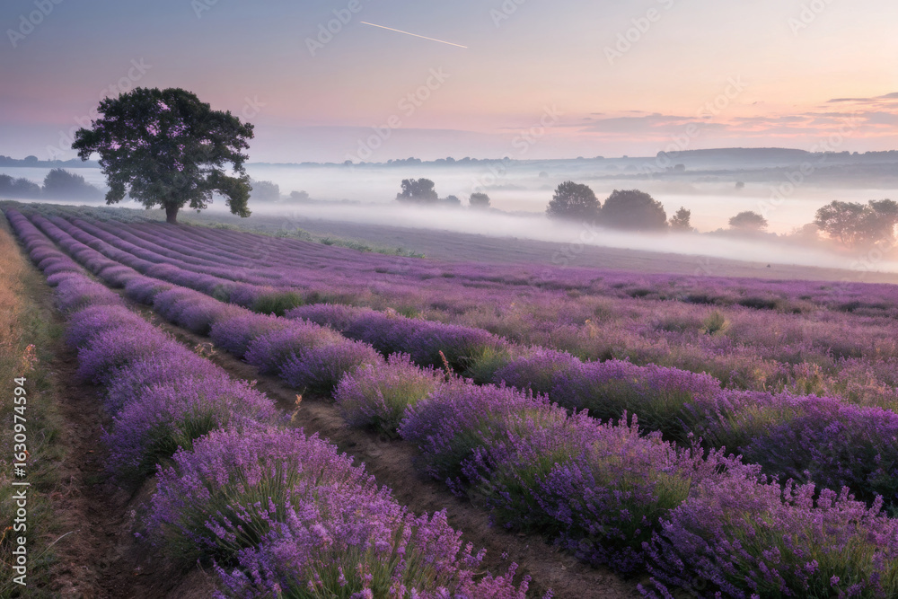 Obraz premium Lavender Field in Full Bloom at Dawn with Purple Rows and Soft Mist