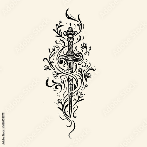 Ornate Sword with Floral Embellishments.