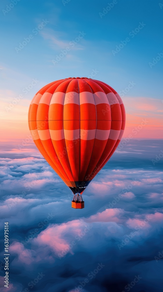 Obraz premium Vibrant hot air balloon soaring above the clouds at sunset