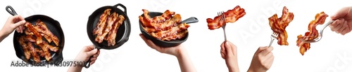 Set of hand holding streaky crispy bacon meat fried salt-cured pork, skillet fry pan, on fork, in strips slice isolated on transparent cutout PNG. Mockup template for artwork design	
