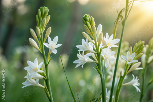 Cluster of White Tuberose Flowers with Long Green Stems in Natural Daylight