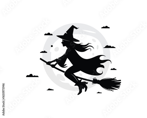 Mystical Silhouette: A witch soars across a moonlit sky on a broomstick, framed by whimsical clouds and stars, evoking a sense of enchantment and Halloween magic.