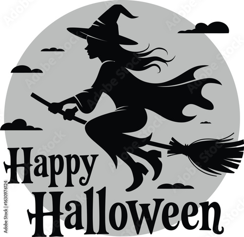 Enchanting Halloween Silhouette: A mysterious witch gracefully glides across the moonlit sky on her trusty broom, a bewitching scene, perfect for capturing the spooky holiday spirit.