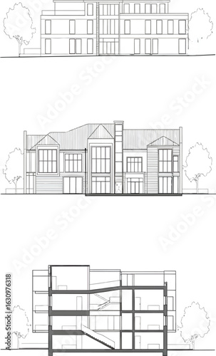 Architectural elevations and cross sections of a modern building design showing facade and internal structure