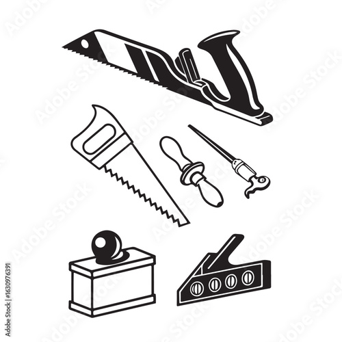 Collection of vintage woodworking tools including a hand plane saw chisels and a block plane on a white background