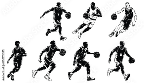 Dynamic Basketball Action: A compelling black and white illustration showcases eight basketball players in action, skillfully dribbling and maneuvering the ball.
