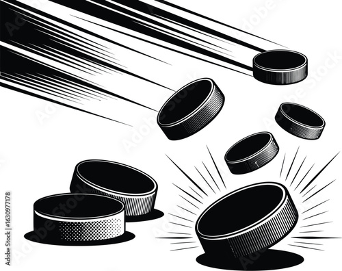 A dynamic black and white illustration set of hockey pucks in motion, showing flight and impact on a clean white background.