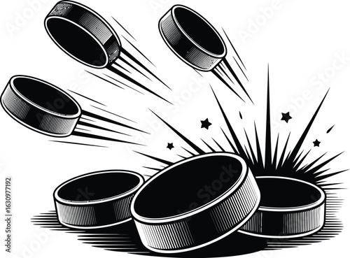 A black and white illustration set of dynamic hockey pucks in motion, with an action burst on an isolated background.