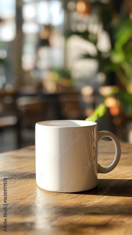 Fototapeta premium White Coffee Mug on a Wooden Table in a Bright Café Setting