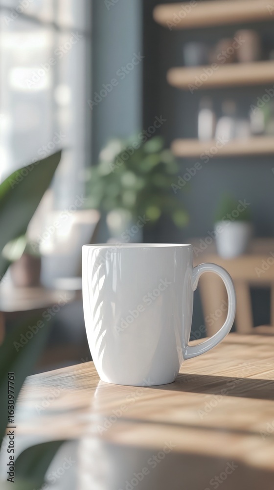 White Ceramic Mug on Wooden Table with Soft Natural Light White Ceramic Mug on Wooden Table with Soft Natural Light