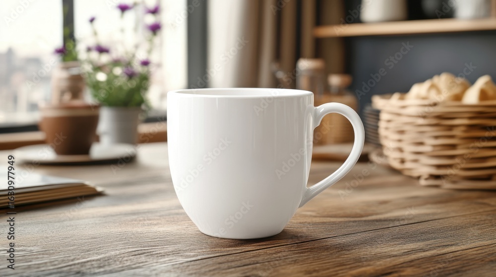 Fototapeta premium White Ceramic Mug on Wooden Table in Bright Cozy Environment