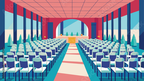 A large open space filled with rows of chairs preparing for a public event in the atrium.