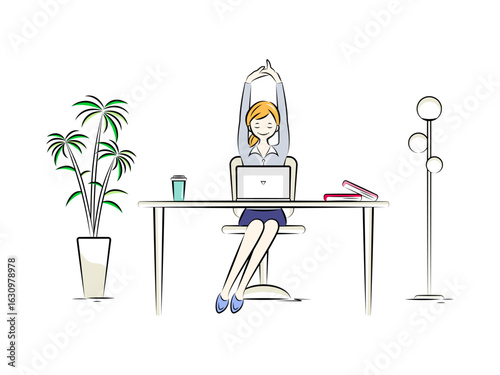 パソコン作業の疲れをストレッチでほぐして息抜きするビジネスウーマン｜ビジネスイラストシリーズ