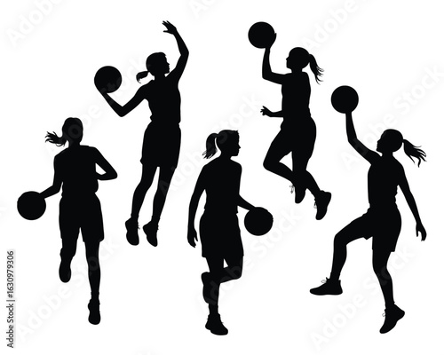 Dynamic Basketball Silhouette: A collection of dynamic silhouettes, depicting the grace and athleticism of female basketball players in mid-action, showcasing the sport's elegance and energy.