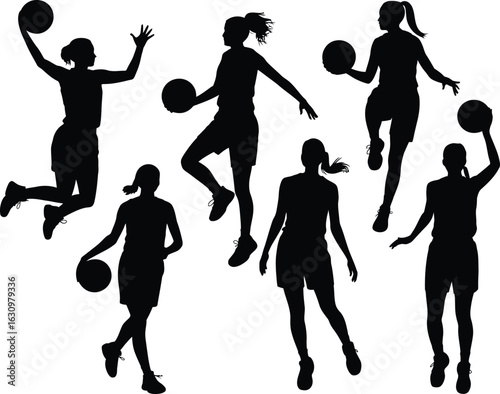 Dynamic Basketball Silhouettes: A collection of dynamic silhouettes showcasing women engaging in basketball actions, capturing the energy and athleticism of the sport.