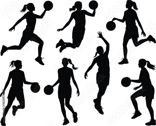 Basketball Silhouettes: Dynamic silhouettes of female basketball players in action, showcasing the athleticism and grace of the sport, capturing movement and energy.