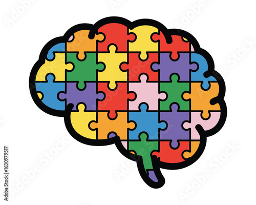 A stylized vector illustration of a human brain composed of interlocking colorful puzzle pieces, symbolizing neurodiversity and mental complexity.