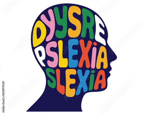 A stylized illustration of a human head silhouette with colorful text representing dyslexia, a learning disorder.
