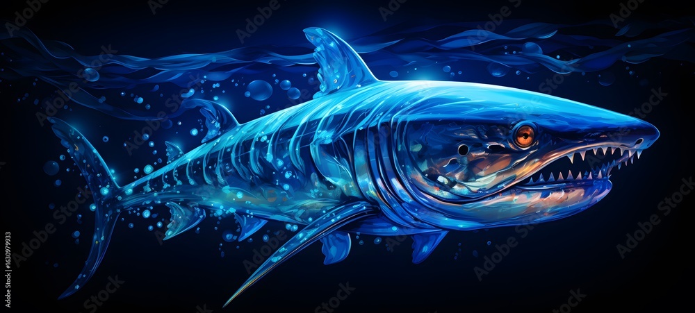 Fototapeta premium The black background contrasts sharply with the bright blue diamonds light emitted by Liopleurodon,generative AI