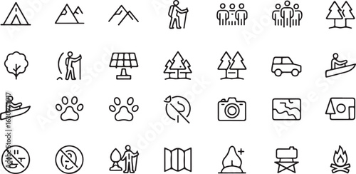 Camping and outdoor activity icons tent mountains