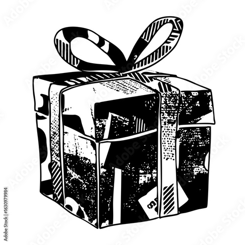 Vector Festive gift box with striped ribbon .