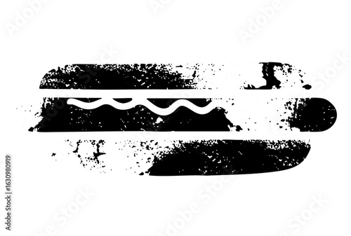 Vector Monochrome hotdog and bun with distressed texture.