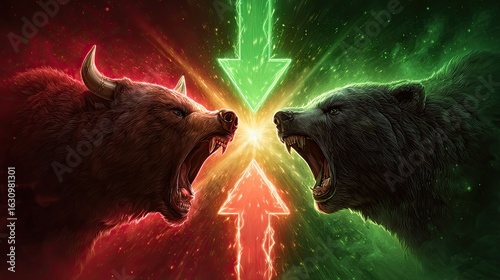 Clash of Titans Bull and Bear Confront, Arrows of Market Destiny Collide in Fiery, Glowing Showdown