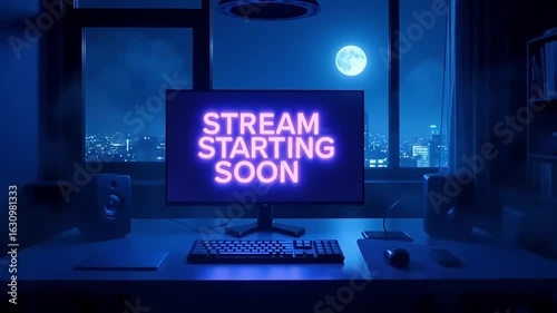 Get ready for the show, stream starting soon with neon glow and city night view