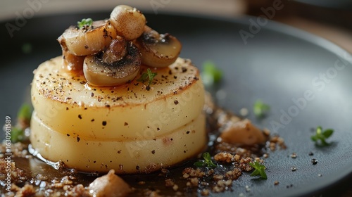 Gourmet Roasted Potato Stacks, Mushroom Garnish, Dark Plate, Close-up, Restaurant Menu
