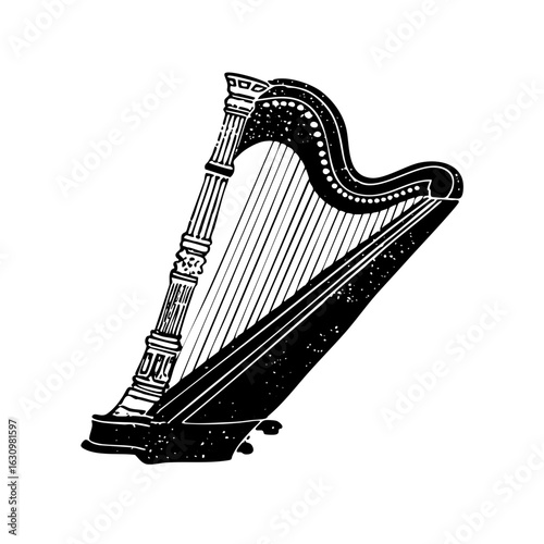 Vector Detailed black and white of a classical harp.