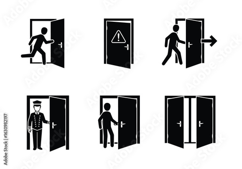 Set of black icons depicting people and doors Keywords: door, exit, entrance, open door, closed