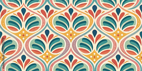 Vibrant retro art deco floral pattern brings timeless elegance to any design project