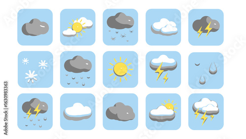 A diverse set of flat design weather forecast icons showing various conditions like sun, rain, and snow.