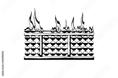 Vector Burning wood pile depicts flames consuming stacked logs.
