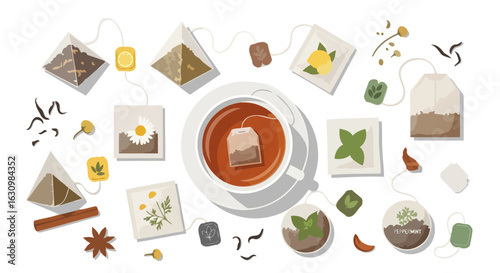 assorted tea bags and cup perfect for beverage wellness and relaxation content