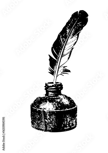 Vector Vintage quill pen rests above a detailed inkwell .