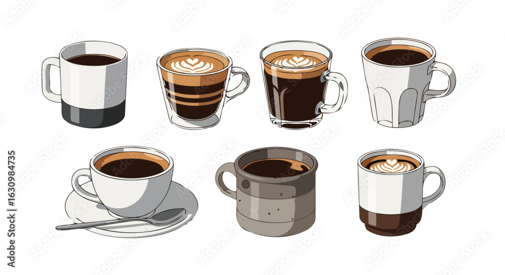 Obraz premium diverse coffee drinks a collection of latte art and espresso styles