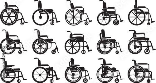 Diverse wheelchairs black silhouettes mobility aid