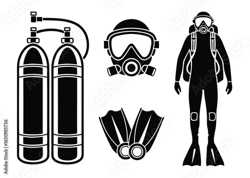 Diving equipment silhouette set including scuba gear mask flippers and diver on white background