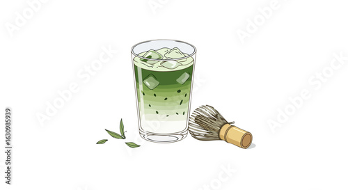 refreshing iced matcha latte cool summer drink recipe illustration