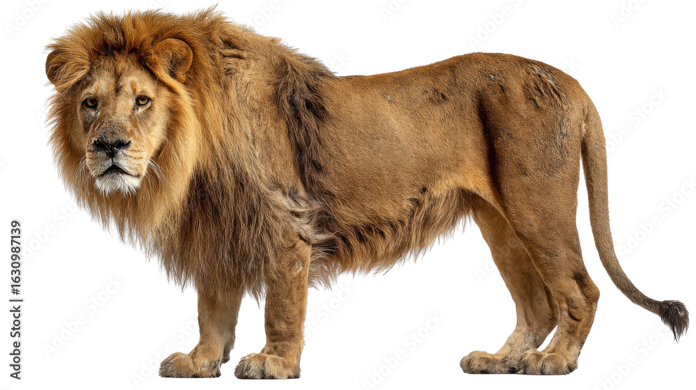 Obraz premium Majestic Lion Portrait: A powerful male lion, boasting a full mane, stands in striking pose, exuding confidence. Captured with a sharp focus, it's a tribute to the king of the animal kingdom.