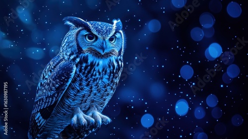Majestic owl perched in a mystical blue night scene
