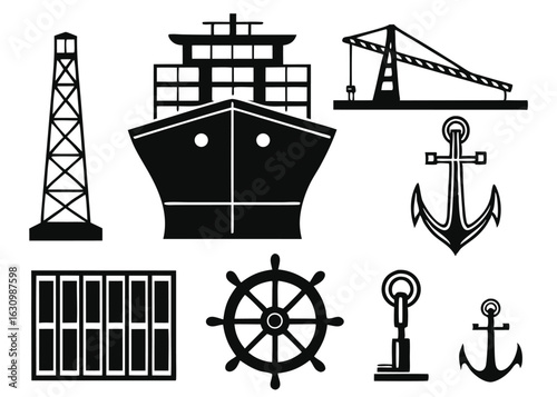 Silhouetted maritime icons depicting shipping freighter cargo ship anchor crane and related marine elements