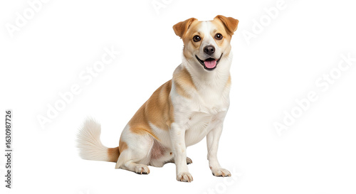 Happy Tan and White Dog Sitting Alert on Isolated White Background